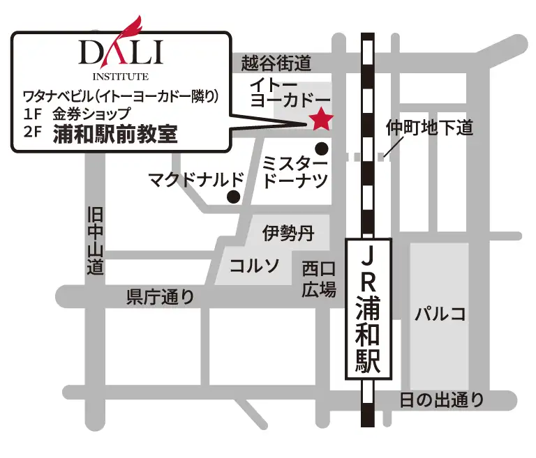 JR「浦和」駅徒歩1分、「ダリ・ピアノ教室浦和駅前教室」案内図